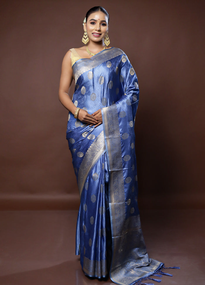 Blue Dupion Silk Saree With Blouse Piece - Indian Silk House Agencies