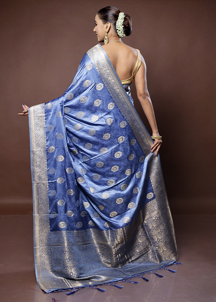 Blue Dupion Silk Saree With Blouse Piece