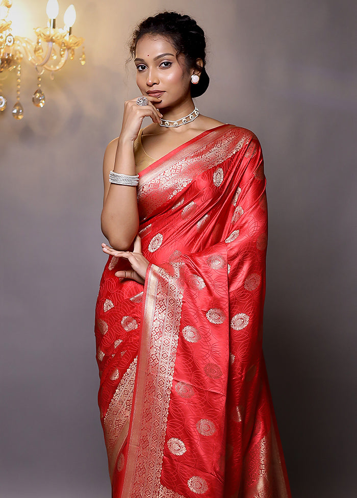 Red Dupion Silk Saree With Blouse Piece