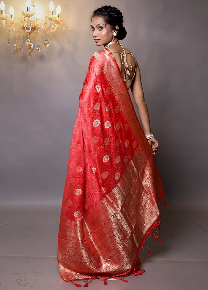 Red Dupion Silk Saree With Blouse Piece