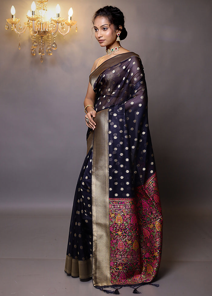 Blue Organza Saree With Blouse Piece - Indian Silk House Agencies