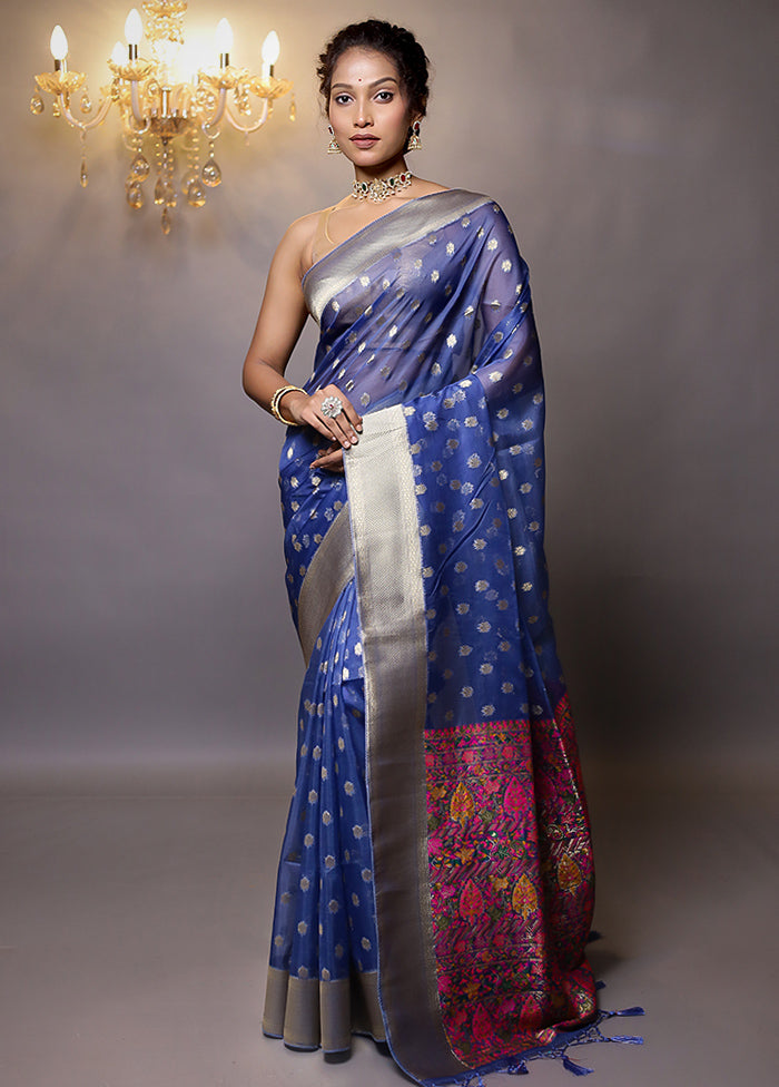 Blue Organza Saree With Blouse Piece - Indian Silk House Agencies