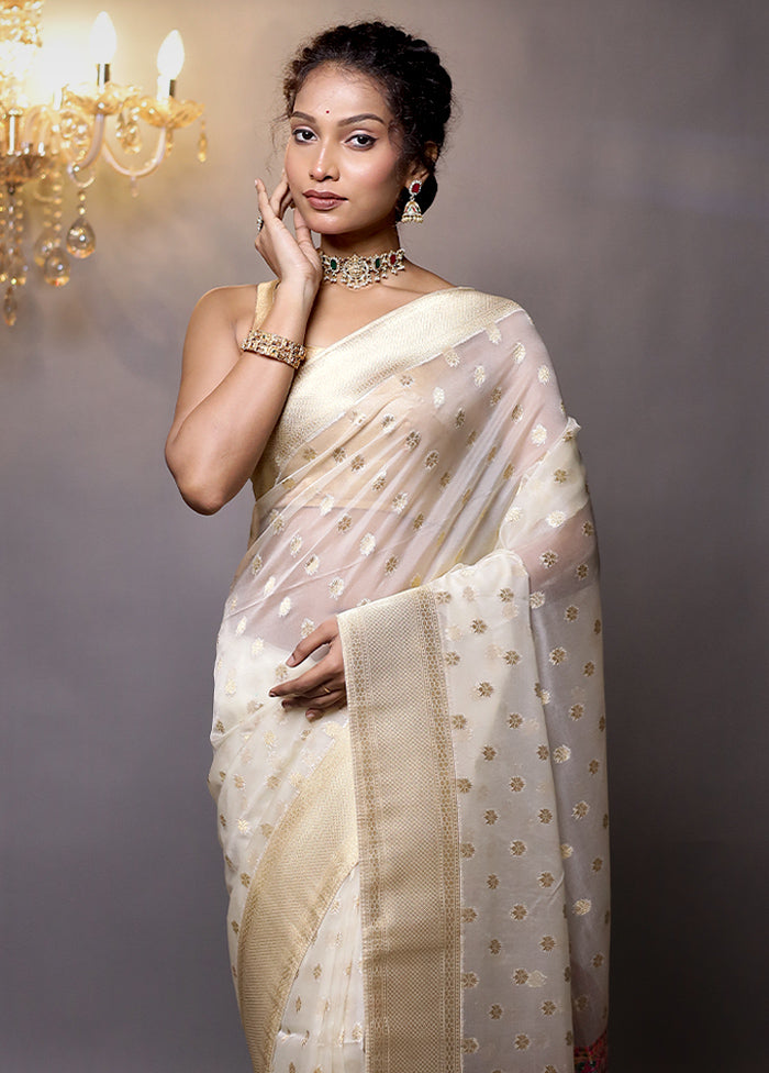 Cream Organza Saree With Blouse Piece