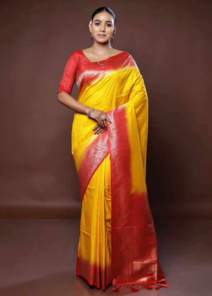 Yellow Dupion Silk Saree With Blouse Piece