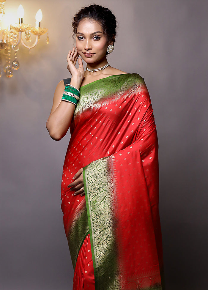 Red Dupion Silk Saree With Blouse Piece