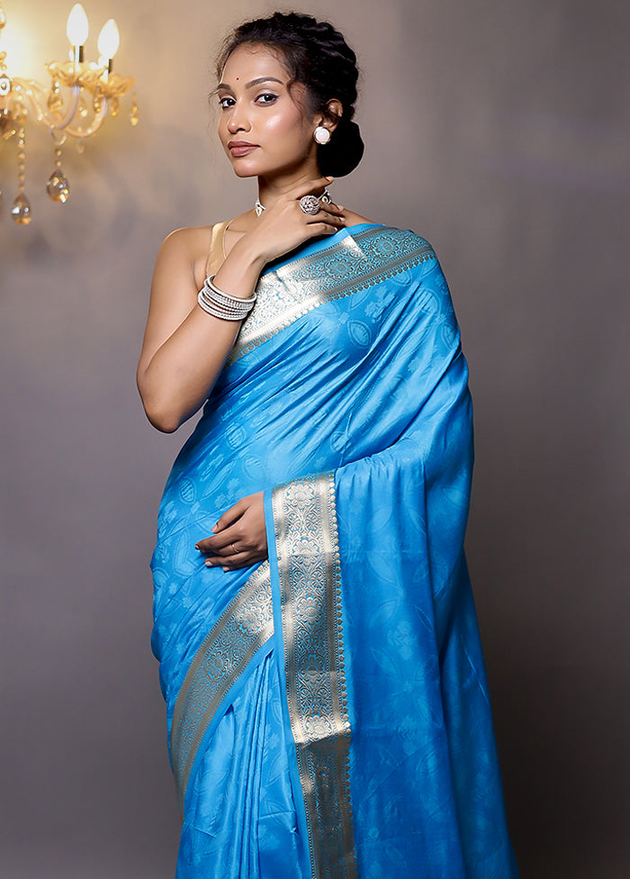 Blue Dupion Silk Saree With Blouse Piece - Indian Silk House Agencies