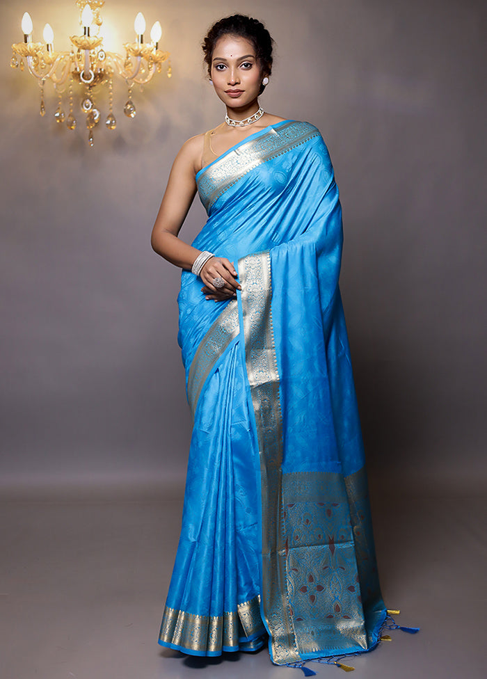 Blue Dupion Silk Saree With Blouse Piece - Indian Silk House Agencies