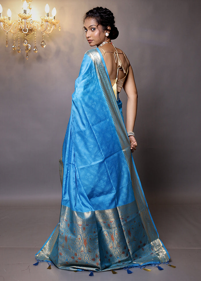 Blue Dupion Silk Saree With Blouse Piece - Indian Silk House Agencies