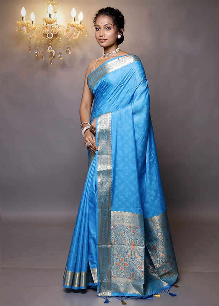 Blue Dupion Silk Saree With Blouse Piece - Indian Silk House Agencies