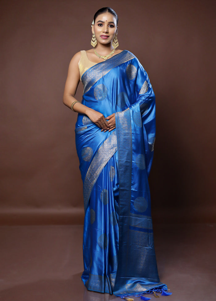 Blue Dupion Silk Saree With Blouse Piece