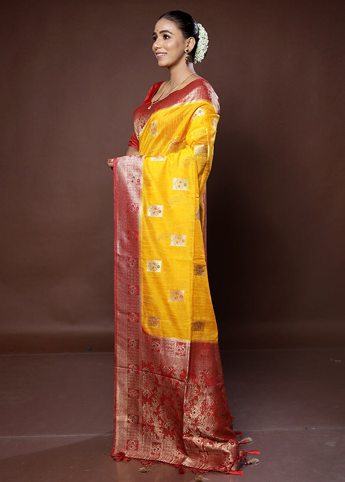 Yellow Dupion Silk Saree With Blouse Piece