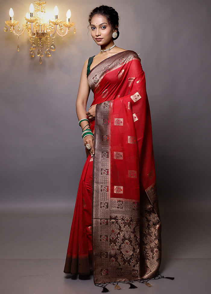 Red Dupion Silk Saree With Blouse Piece