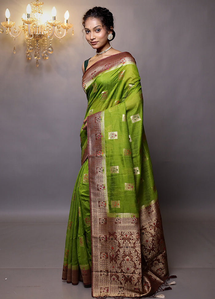 Green Dupion Silk Saree With Blouse Piece - Indian Silk House Agencies