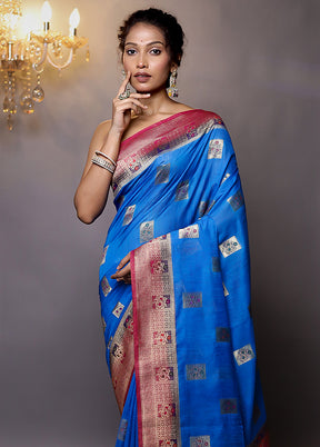 Blue Dupion Silk Saree With Blouse Piece - Indian Silk House Agencies