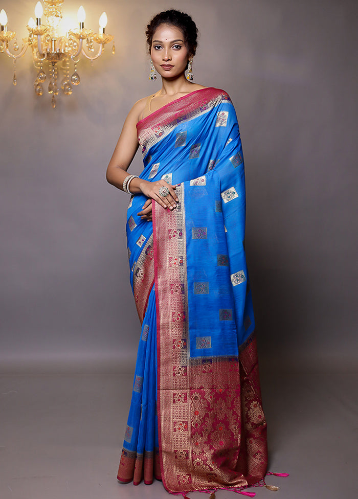 Blue Dupion Silk Saree With Blouse Piece - Indian Silk House Agencies