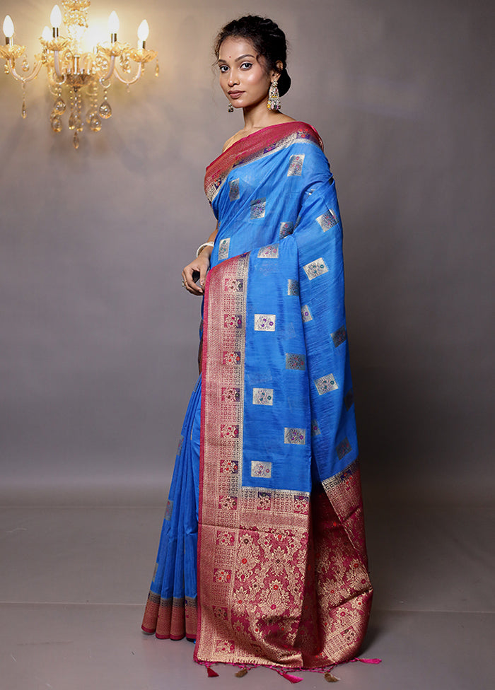 Blue Dupion Silk Saree With Blouse Piece - Indian Silk House Agencies