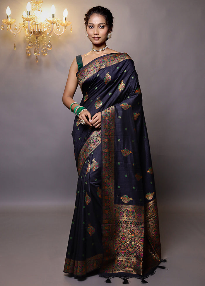 Blue Dupion Silk Saree With Blouse Piece