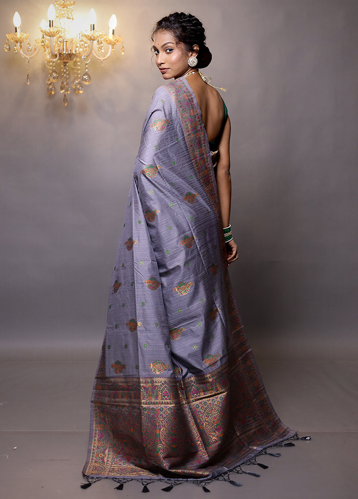 Grey Dupion Silk Saree With Blouse Piece