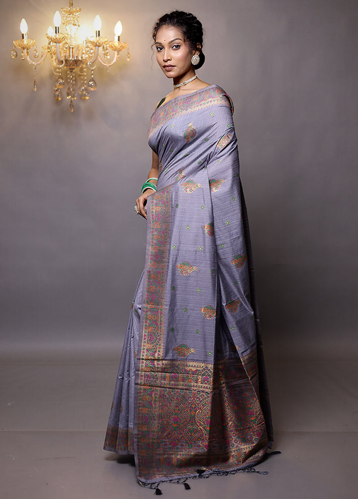 Grey Dupion Silk Saree With Blouse Piece