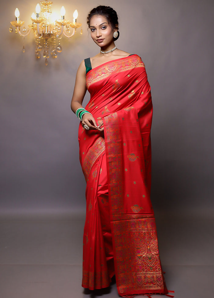 Red Dupion Silk Saree With Blouse Piece