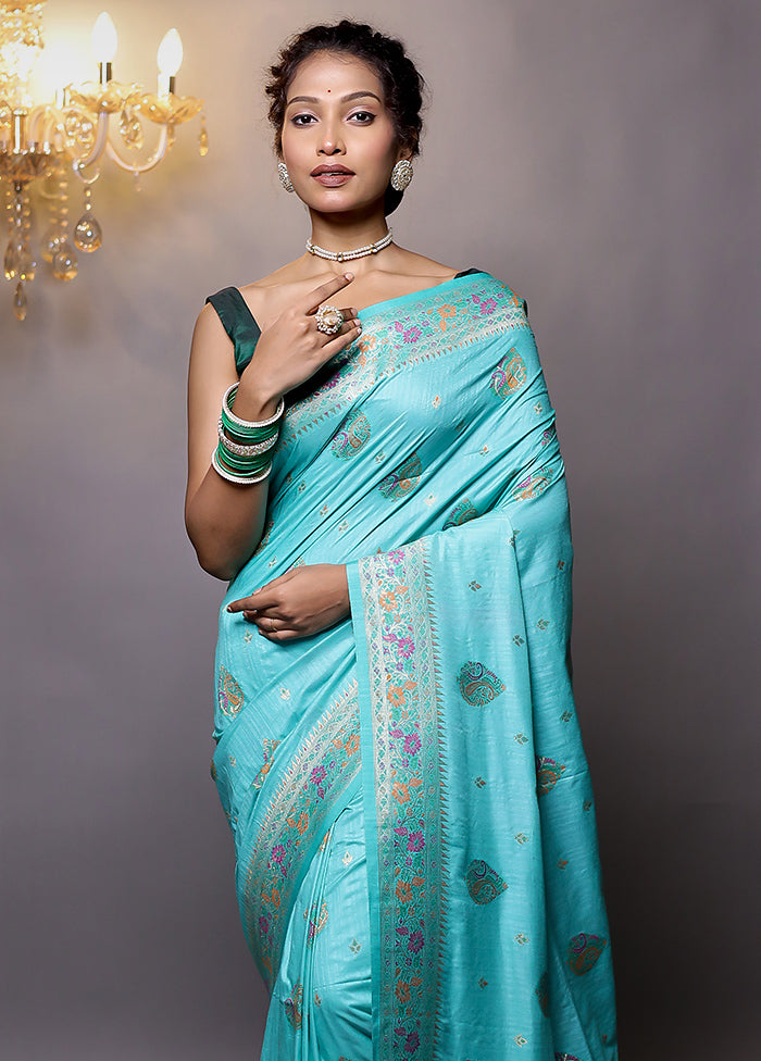 Blue Dupion Silk Saree With Blouse Piece - Indian Silk House Agencies