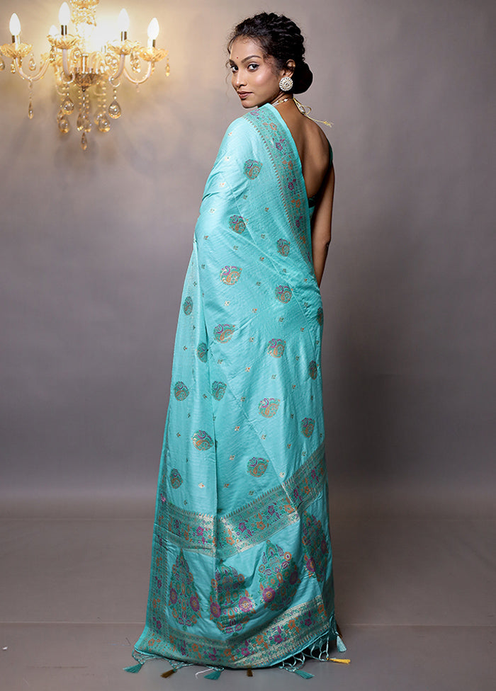 Blue Dupion Silk Saree With Blouse Piece