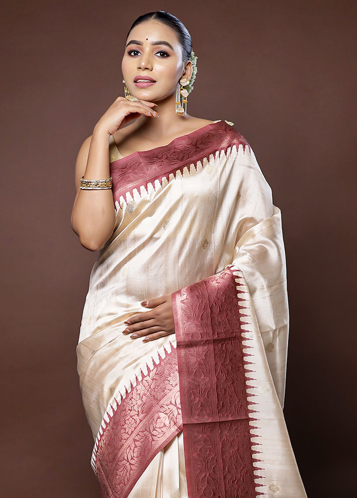 Cream Tussar Silk Saree With Blouse Piece - Indian Silk House Agencies