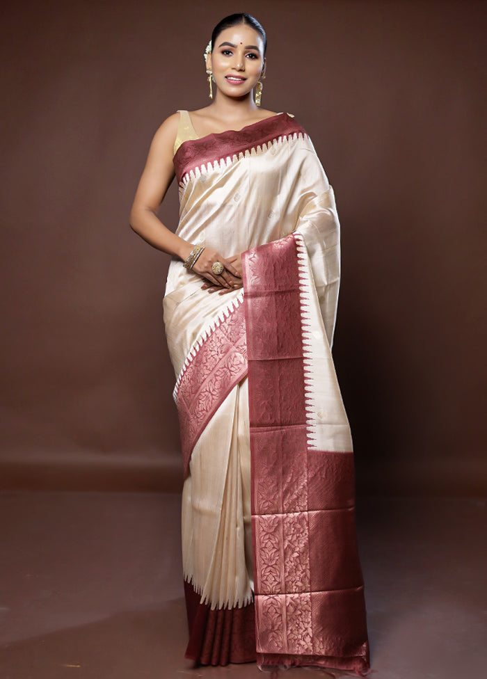 Cream Tussar Silk Saree With Blouse Piece - Indian Silk House Agencies