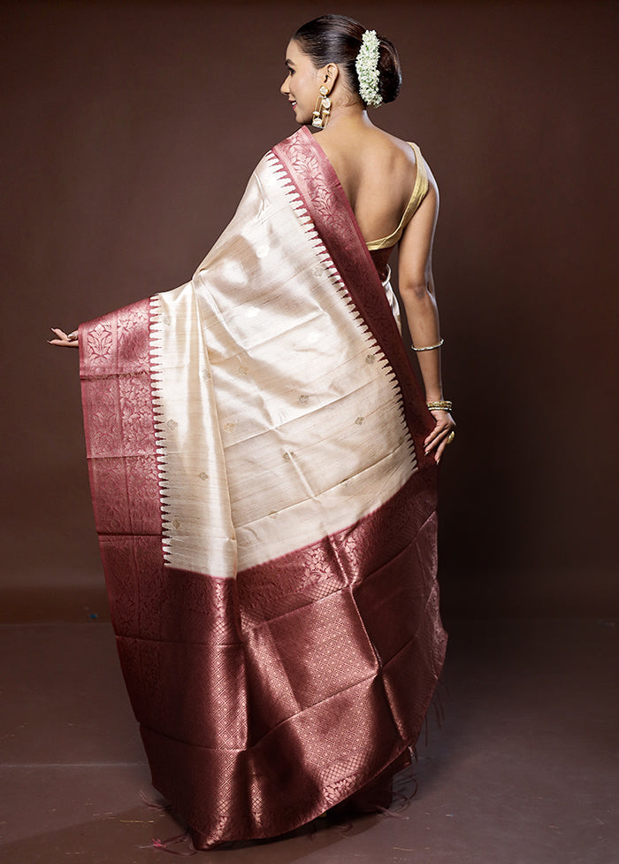 Cream Tussar Silk Saree With Blouse Piece - Indian Silk House Agencies