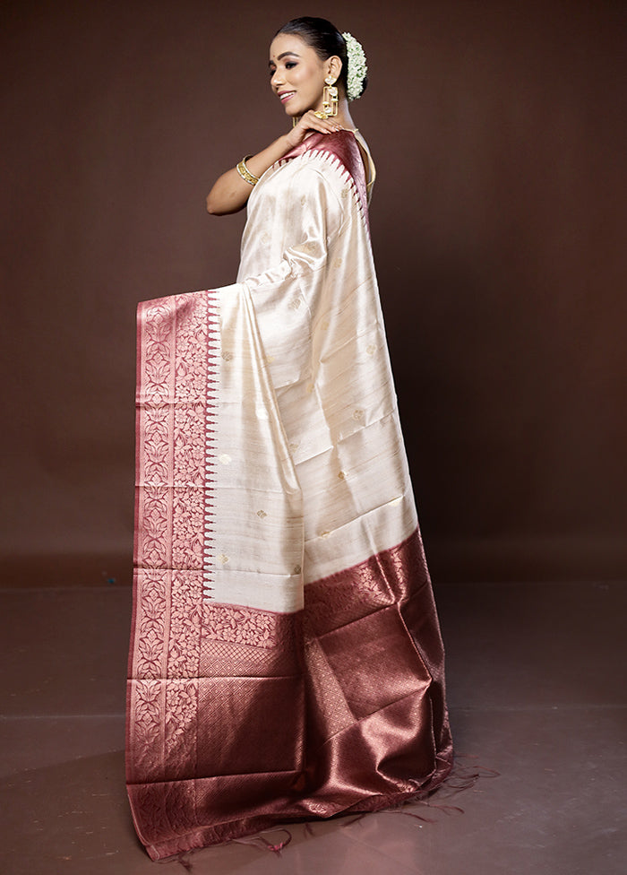 Cream Tussar Silk Saree With Blouse Piece - Indian Silk House Agencies