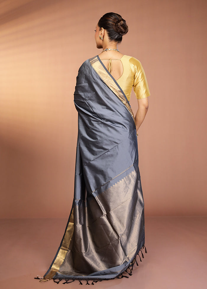 Grey Kanjivaram Silk Saree With Blouse Piece