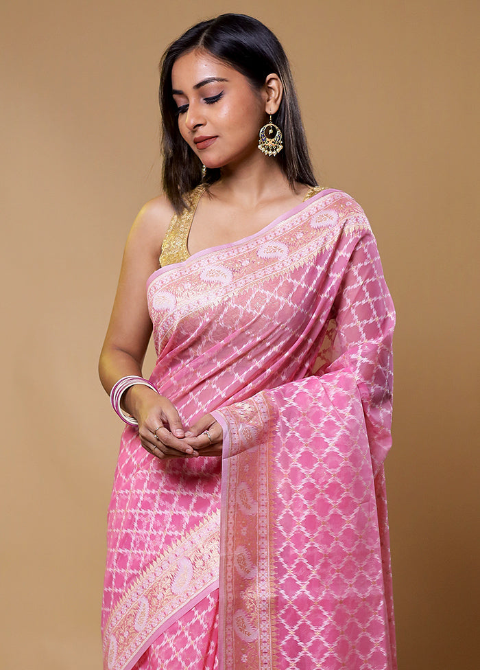 Pink Kora Silk Saree With Blouse Piece