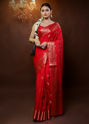 Red Dupion Silk Saree With Blouse Piece