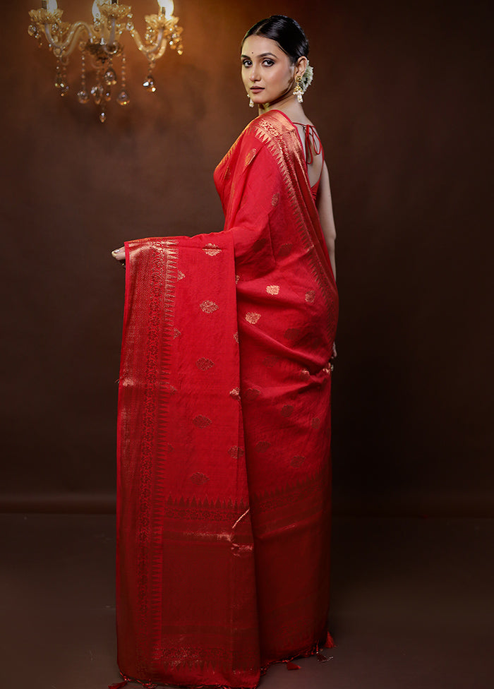 Red Dupion Silk Saree With Blouse Piece