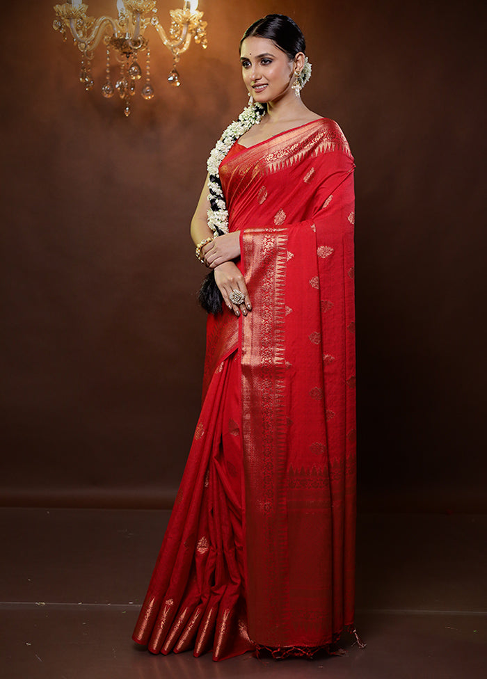 Red Dupion Silk Saree With Blouse Piece