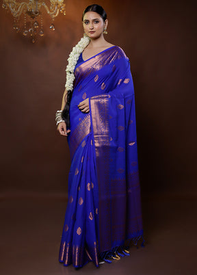 Blue Dupion Silk Saree With Blouse Piece