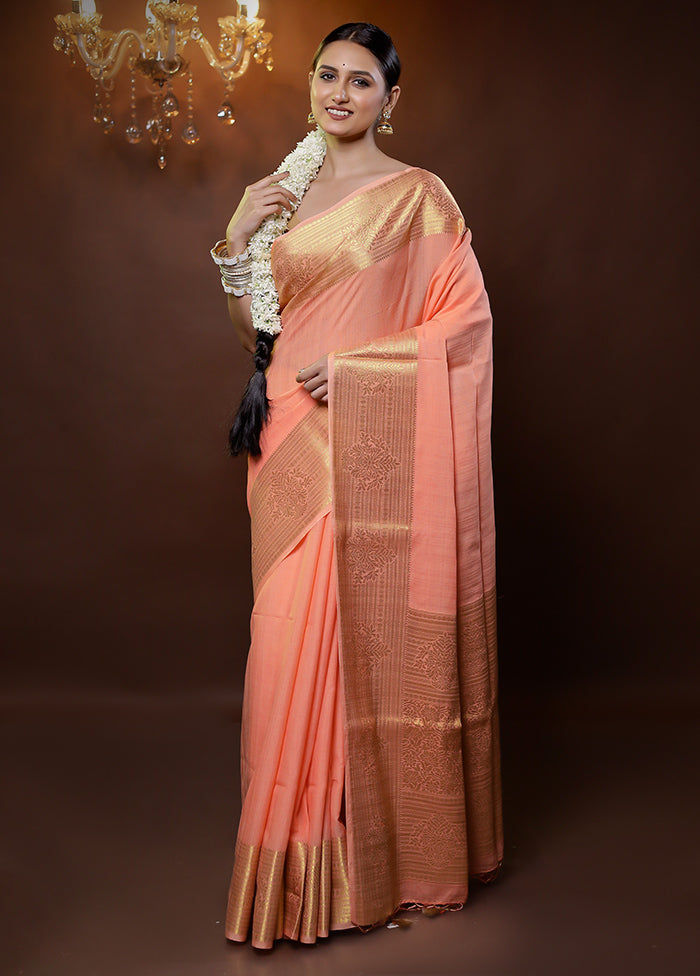 Peach Dupion Silk Saree With Blouse Piece