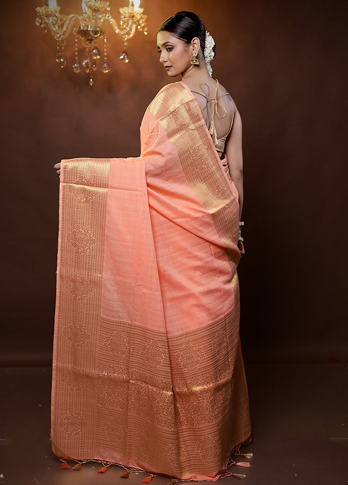 Peach Dupion Silk Saree With Blouse Piece