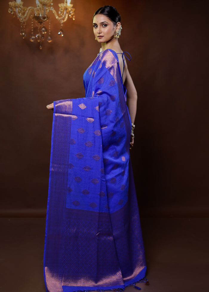 Blue Dupion Silk Saree With Blouse Piece