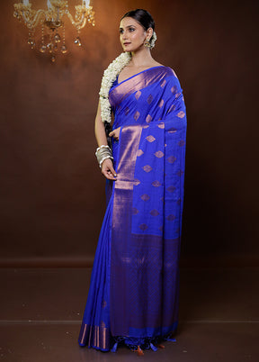 Blue Dupion Silk Saree With Blouse Piece