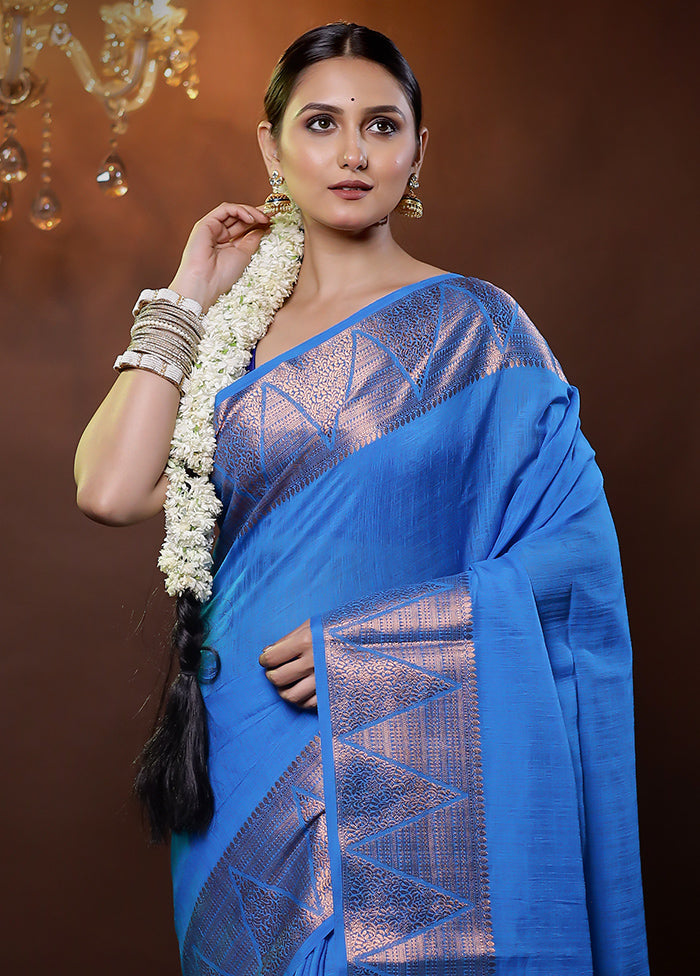 Blue Dupion Silk Saree With Blouse Piece