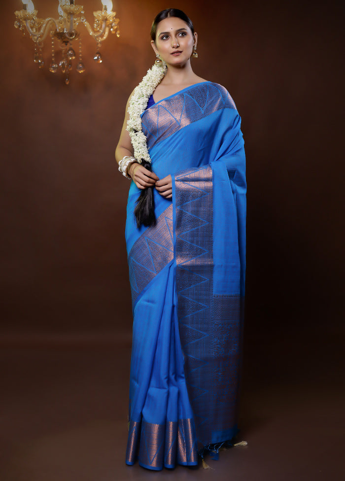 Blue Dupion Silk Saree With Blouse Piece