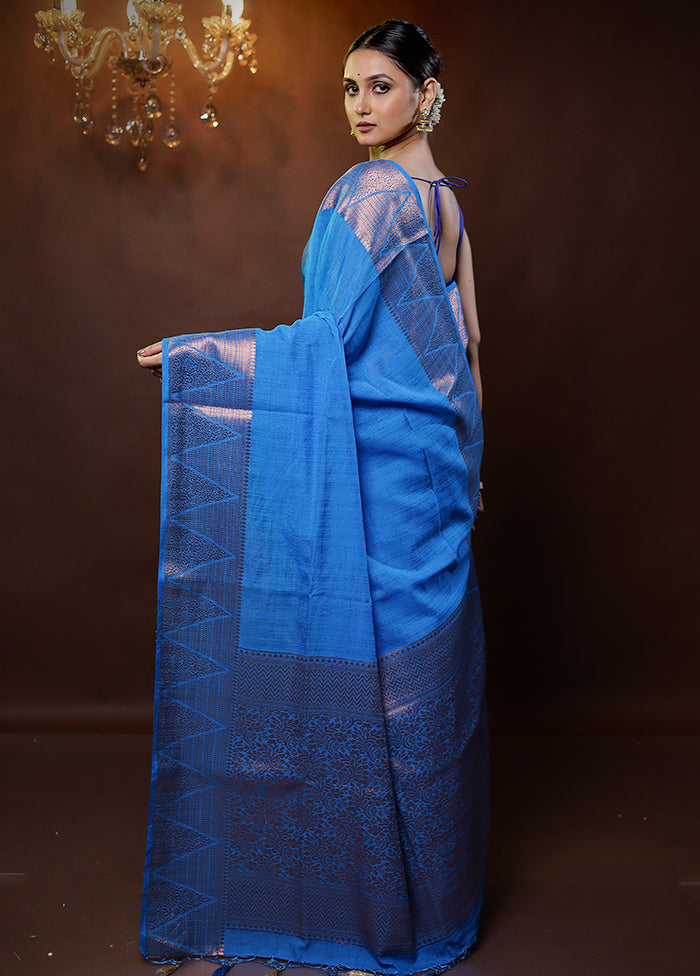 Blue Dupion Silk Saree With Blouse Piece