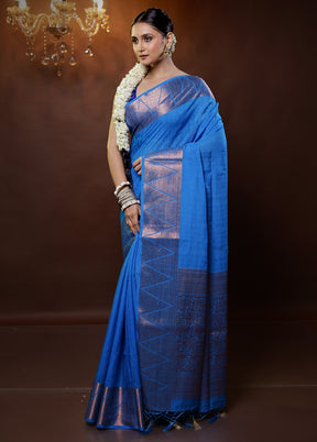 Blue Dupion Silk Saree With Blouse Piece