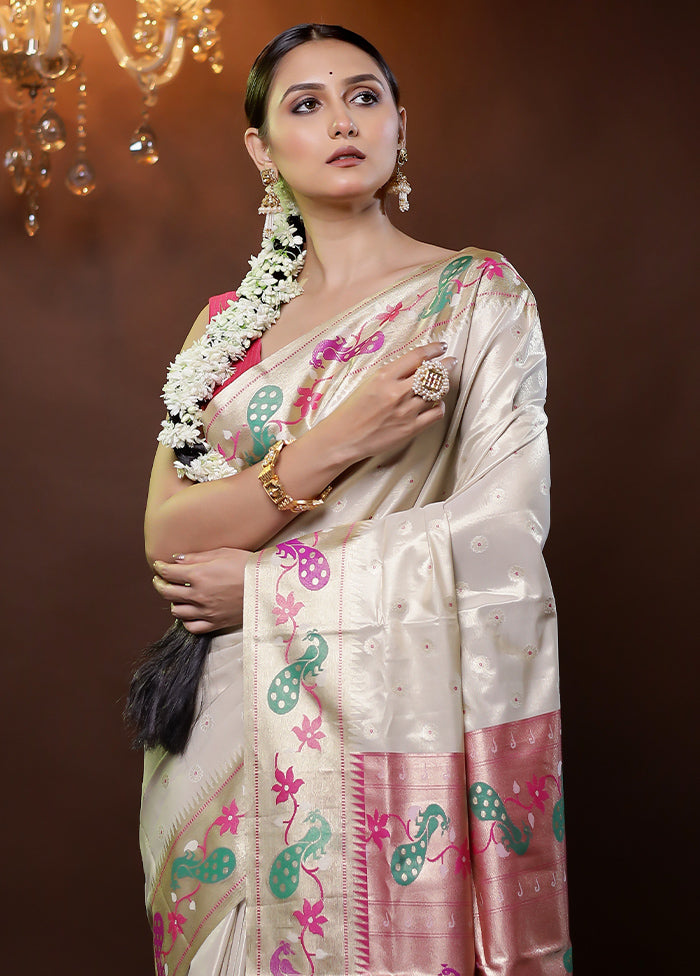 Cream Kanjivaram Silk Saree With Blouse Piece