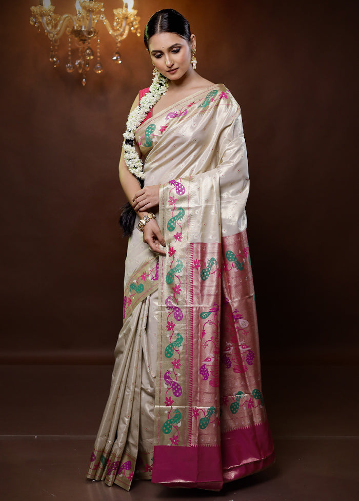 Cream Kanjivaram Silk Saree With Blouse Piece