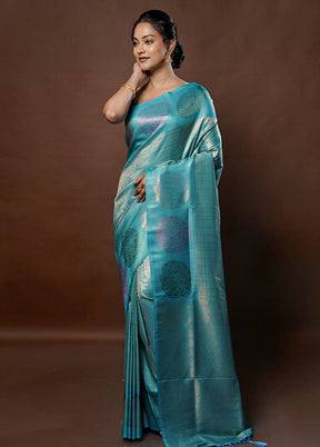 Blue Dupion Silk Saree With Blouse Piece