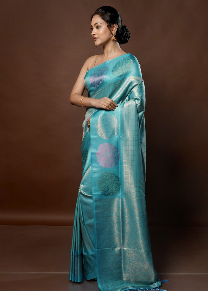 Blue Dupion Silk Saree With Blouse Piece