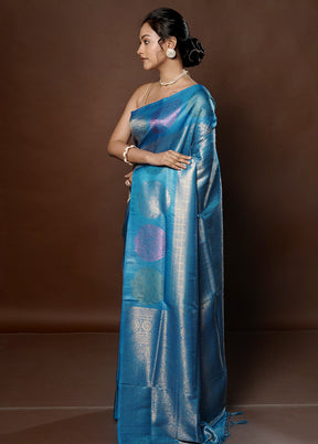 Blue Dupion Silk Saree With Blouse Piece