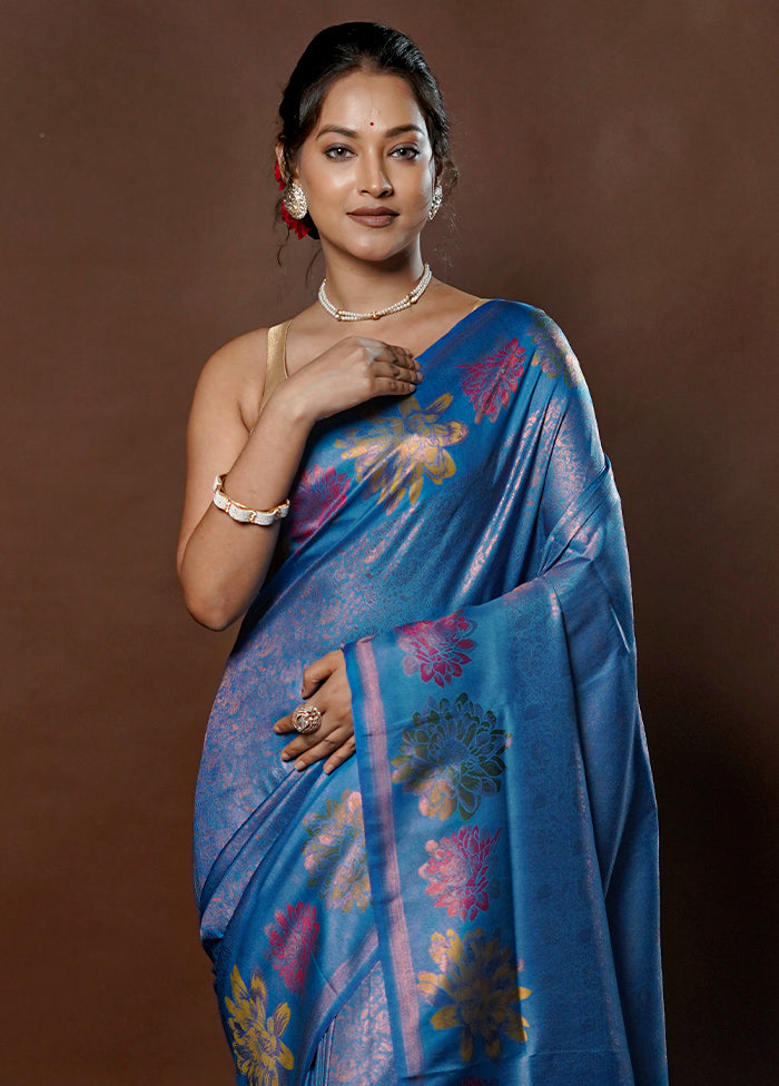 Blue Dupion Silk Saree With Blouse Piece